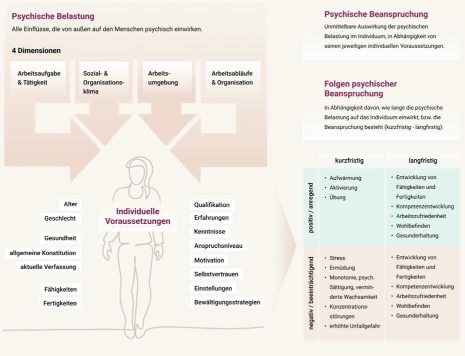 Das Belastungs-Beanspruchungs-Modell erklärt, wie die Belastung die Beanspruchung einer Person beeinflussen können, bedingt durch die individuellen Voraussetzungen. Die Folgen psychischer Beanspruchungen können kurzfristig oder langfristig, positiv oder negativ sein.  Die vier Dimensionen psychischer Belastung sind Arbeitsaufgabe und Tätigkeit, Sozial- und Organisationsklima, Arbeitsumgebung, Arbeitsabläufe und Organisation. 